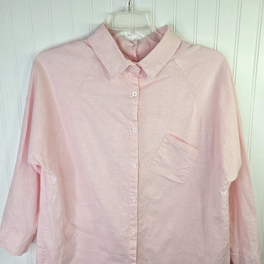 Linen Blend Tunic Shirt Womens Large Pink Button Front Roll Tab Relaxed Fit Boho - Picture 2 of 12